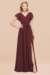 Burgundy V-Neck Long Bridesmaid Dress With Short-Sleeves-27dress
